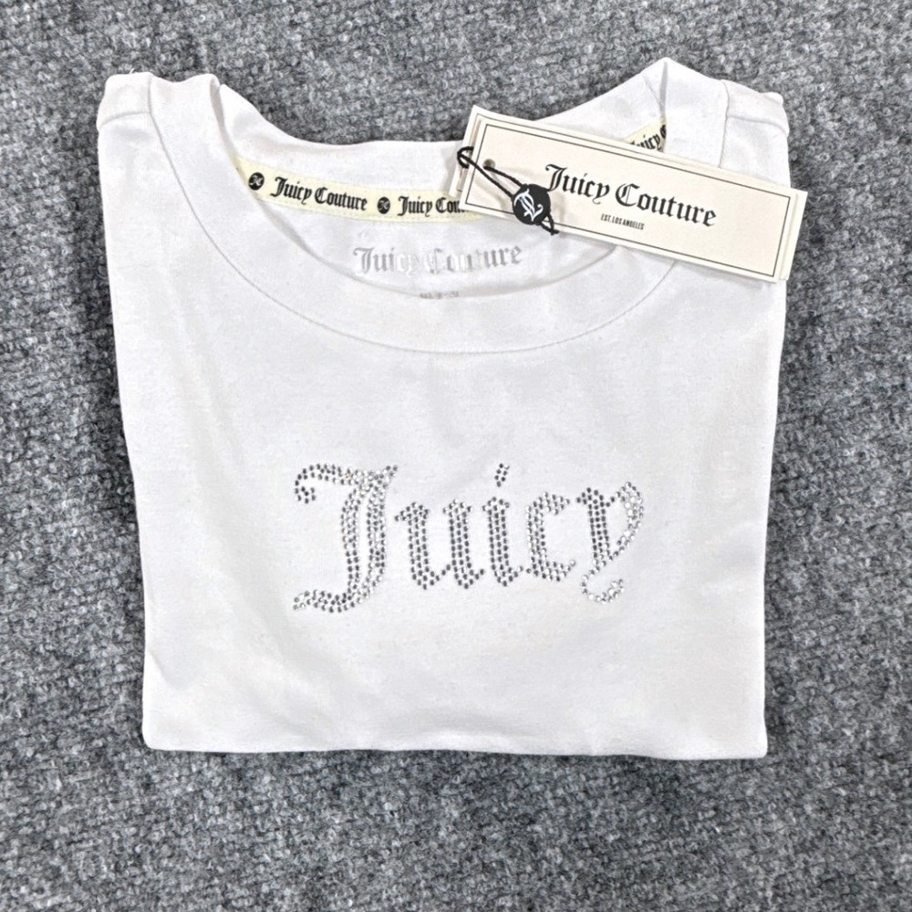 Juicy Couture Crop Top Womens Small White Rhinestone Juicy Y2K Baby Tee NWT